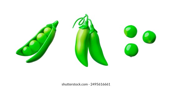 Set in 3D cartoon style with vector illustrations of green pea pods, open and closed, as well as individual peas. Basic icons for any design about healthy eating on an isolated background.