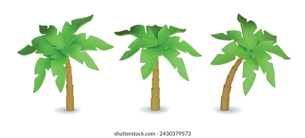 Set of 3D cartoon tropical palm trees. Minimal realistic jungle trees on white background. Vector illustration