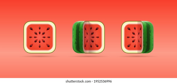 Set of 3D cartoon vector icons of square cut watermelon on red background. Isolated vector template of ripe fresh summer fruit for vegetarian shop, logo, mobile app. Organic healthy eco food concept.