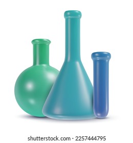 Set 3d cartoon vivid laboratory or medical flask in realistic funny colorful style. Collection render bright children toy object. Plastic cute glossy design element. Vector minimal illustration.