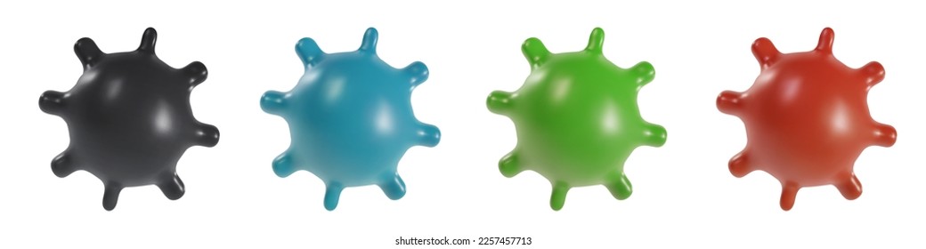 Set 3d cartoon vivid virus or bacteria in realistic funny colorful style. Render bright children toy object. Collection plastic cute glossy design element. Vector minimal illustration.