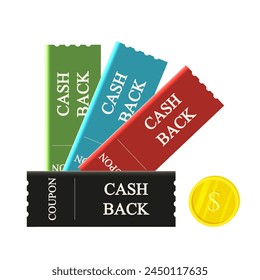 Conjunto de fondo transparente aislado de Cupón 3D Cash Back. Cupón de descuento 3D en estilo minimalista de moda con moneda de dólar. Ilustración vectorial puede utilizar el diseño de la venta del Web. Elemento de Plantilla justa. 
