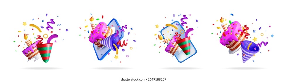 Conjunto de objetos de celebração 3d. Elementos reais da festa de aniversário com bolo, vela, cracker, boné, confete no fundo branco para banner.