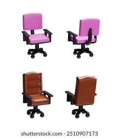A set of 3D chairs for games and work. Ergonomic leather seats in pink and brown colors, designed for comfort in modern offices or at home workplaces