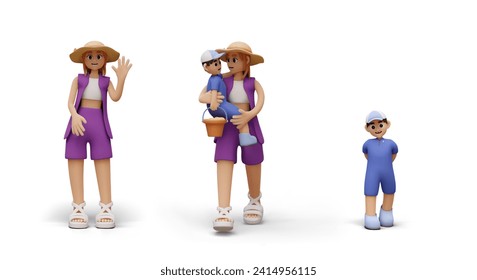 Set of 3D characters in cartoon style. Young woman friendly waving, mother carries toddler in her arms, boy stands. Vector isolated templates for web design