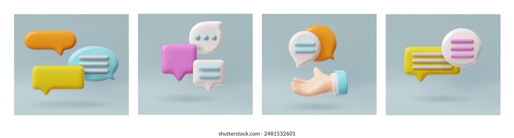 Set of 3D chat bubbles posters in various shapes and colors with dots and stripes on a gray background. Depict the interaction of questions and answers, embodying communication in social networks.