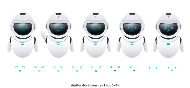 Conjunto de chatbots 3D con varias expresiones faciales. Robots con inteligencia artificial, asistentes virtuales basados en redes neuronales