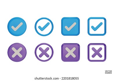 set of 3D Checkmark and X mark icon set. Blue and purple Checkmark right symbol, tick sign. check and uncheck for web and mobile apps. 3D vector illustration.