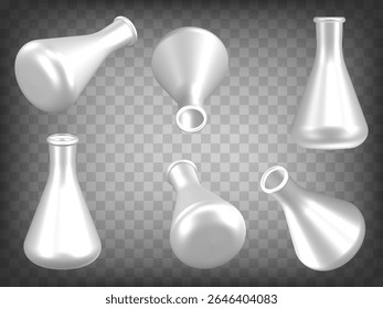 Set of 3d Chemical flask on transparent background. Chemical flask 3d icon illustration with different views and angles.  Abstract concept of graphic elements for your design