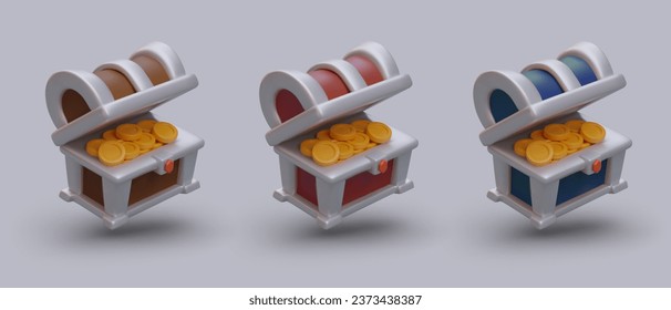 Set of 3D chests with coins. Illustrations for online game. Vector objects of different colors. Symbol of victory, gain. Replenishment of game balance. Prize for player