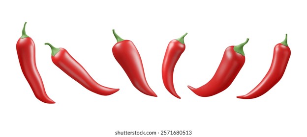 Set of 3d chili capsicum pepper. Various red hot vegetables. Cayenne ingredient. Fresh organic product. Cartoon vector illustration. Farm food objects.