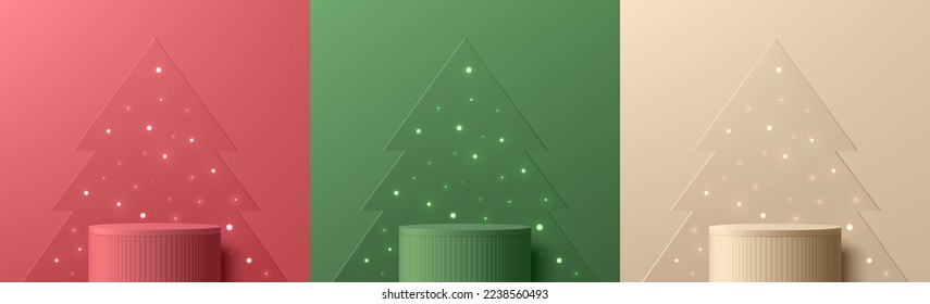 Conjunto de fondo de navidad 3D con podio de base de cilindro rojo, crema, verde y realista. Luz de neón en el árbol de navidad. Pantalla de producto de simulación de vectores. Resumen de la mínima escena de la pared. Muestra de escenario.