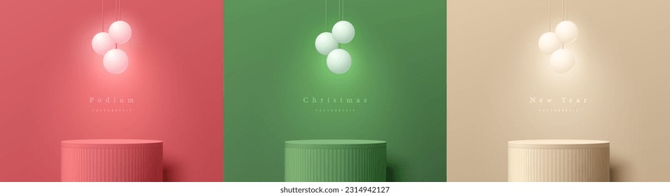 Set of 3D christmas background with red, cream, green realistic cylinder stand podium. Hanging ball neon light or light bulb. Vector mockup product display. Abstract minimal wall scene. Stage showcase