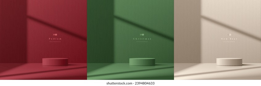 Set of 3D christmas background with red, cream, green realistic cylinder podium. Window natural lighting on the wall. Vector mockup product display. New year minimal wall scene. 3D Stage for showcase.