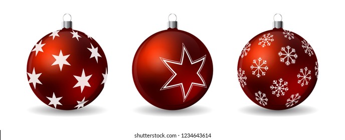 Set of 3d Christmas balls with decorative winter ornament isolated on a white background. Realistic vector illustration. 