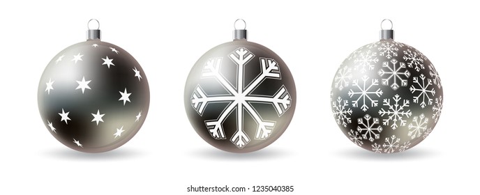 Set of 3d Christmas balls with decorative winter ornament isolated on a white background. Realistic vector illustration. 