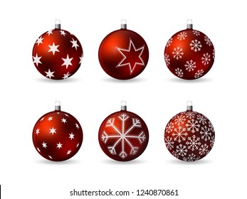 Set of 3d Christmas balls with decorative winter ornament isolated on a white background. Realistic vector illustration. 