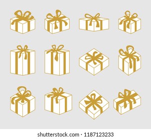 Set of 3D Christmas boxes. Simple design for cards, banners and posters. Golden and white.