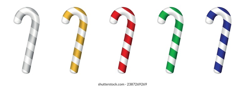 Conjunto de caña de caramelos de Navidad tridimensional aislada en un fondo blanco. Ilustración realista de postres con bastón. Ilustración vectorial.