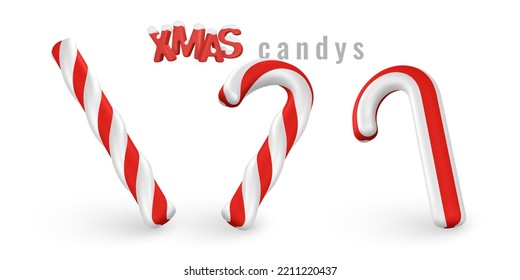 Set of 3d Christmas candy canes. Template for xmas or New Year greeting card. Vector illustration.