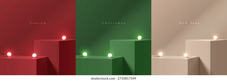 Set of 3D Christmas cube podium background in red, cream and green color with neon ball lighting. Mockup stands product display. Mery Christmas and new year minimal scene. Abstract composition design
