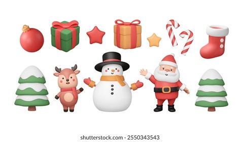 Set of 3d Christmas elements. Santa Claus, deer baby, snowman, trees, gifts. Decorative New Year stickers. Cartoon xmas icons. Vector illustration. Plastic objects.