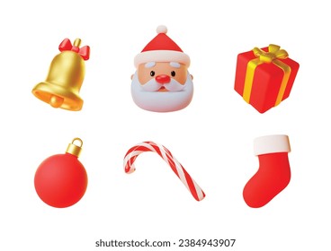 Set of 3d Christmas icons. Realistic illustration of a cute Santa Claus, a bell, a gift box, a Christmas decoration, a candy cane and a sock isolated on a white background. Vector 10 EPS.