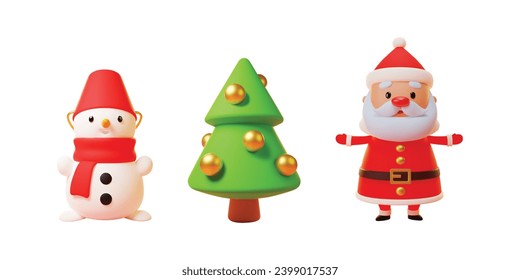 Set of 3d Christmas icons. Realistic illustration of a cute Santa Claus, a little snowman and a pine isolated on a white background. Vector 10 EPS.