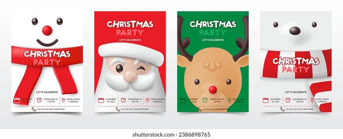 Set of 3d Christmas party invitation banner template. Merry xmas greeting card with santa claus, polar bear, reindeer, snowman background for gift voucher, sale promotion, social media post. vector