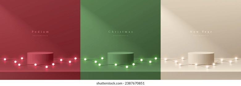 Set of 3D christmas podium background in red, cream and green color with neon light bulb on 
 floor. Mockup product display. Mery christmas, New year minimal wall scene. Abstract composition design.