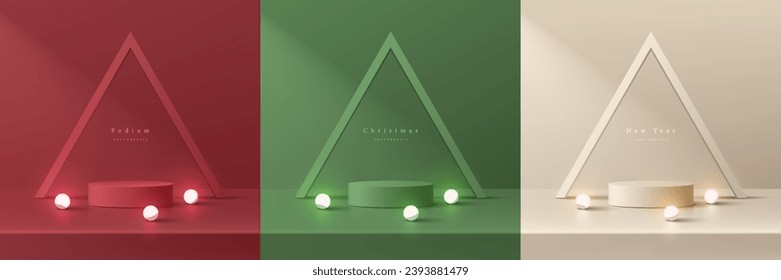 Set of 3D christmas podium background in red, cream and green with neon ball and triangle frame backdrop. Mockup product display. Mery christmas and new year minimal scene. Abstract composition design