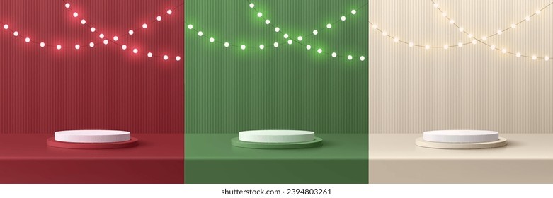 Set of 3D christmas podium background in red, cream and green with neon ball and vertical pattern scene. Mockup product display. Mery christmas and new year minimal scene. Abstract composition design.