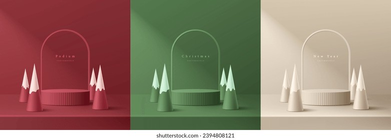 Set of 3D christmas podium background in red, cream, green with arch frame and christmas tree cone shape. Mockup product display. Mery christmas and new year minimal scene. Abstract composition design