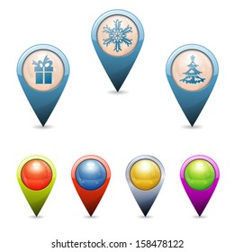 Set 3D Christmas Pointers with Icons - Tree, Gift, Snowflake, isolated. Easily Change the Color