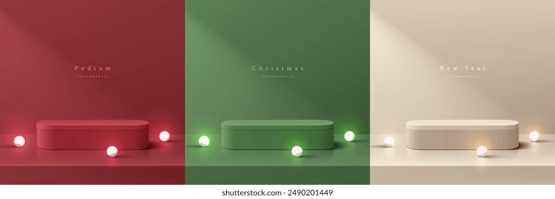 Set of 3D christmas round podium background in red, cream, green with neon ball. Abstract composition minimalist design. Studio display showroom product pedestal, Fashion stage showcase mockup scene.