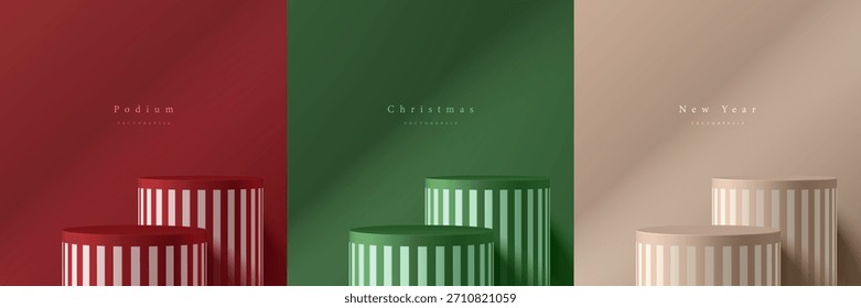 Set of 3D Christmas round podium background in red, cream, green color in striped pattern design. Mockup stands product display. Mery Christmas new year minimalist scene. Abstract composition design.