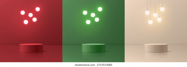 Set of 3D Christmas round podium background in red, cream, green with hanging neon ball lighting. Mockup stands product display. Mery Christmas and new year minimal scene. Abstract composition design