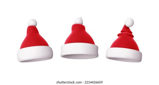 Set 3d Christmas santa claus hat icon. New Year and xmas decoration isolation on white background. Vector cartoon illustration.