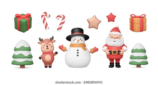 Set of 3d Christmas stickers. Santa Claus, cute deer waving his hand, snow man in top hat. Snowy trees, various gift boxes, candy cane and stars. Cartoon New Year characters. Vector illustration.