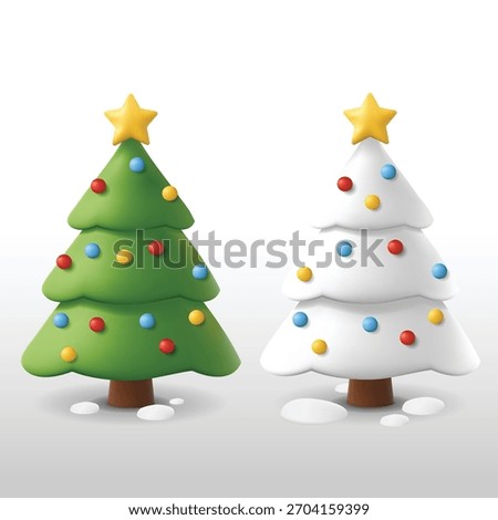 Set of 3D Christmas tree icons in green and white. Festive xmas trees with colorful ornaments and star. Ideal for holiday greetings, winter sale banners, or seasonal app UI.