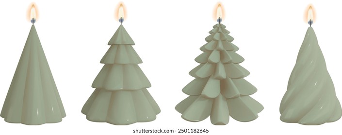 set of 3d christmas tree shaped candles. colllection of realistic white christmas candles