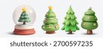 Set of 3D Christmas trees and a snow globe on transparent background, cartoon style, lights, star, isolated elements for holiday design. Vector illustration