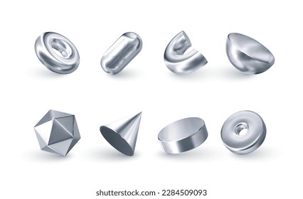 Set 3d chrome figure. Vector gradient geometric object. Holographic silver donut, cylinder,cone,ring,capsule, icosahedron. Element modern trendy design.