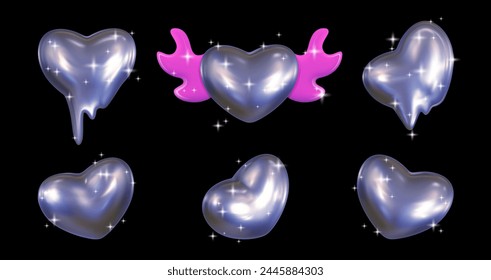 Conjunto de corazones cromados 3D en estilo y2k. Corazones de metal con globos desde diferentes ángulos, un corazón con alas rosas con destellos sobre un fondo oscuro.Vector.