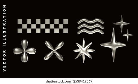 Set of 3D chrome shapes. Element for posters, banners, flyers in Y2K style.