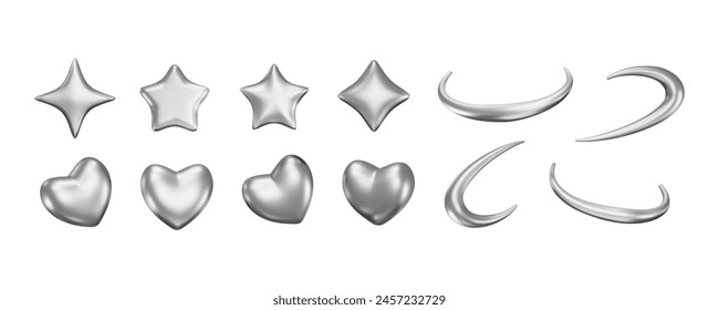 Set of 3D chrome stars, hearts and galaxy orbits. Futuristic y2k metal elements. Geometric design symbols collection. Vector isolated illustration. Glossy techno and romantic icons.