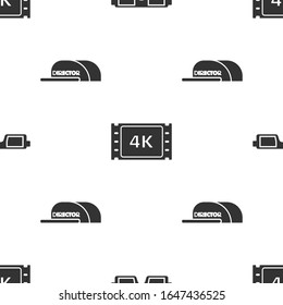 Set 3D cinema glasses , 4k movie, tape, frame  and Cap with inscription director  on seamless pattern. Vector