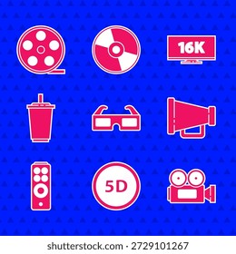 Set 3D cinema glasses, 5d virtual reality, Cinema camera, Megaphone, Remote control, Paper with water, Screen tv 16k and Film reel icon. Vector