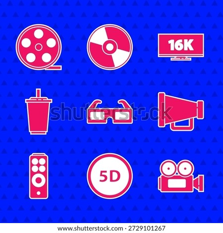 Set 3D cinema glasses, 5d virtual reality, Cinema camera, Megaphone, Remote control, Paper with water, Screen tv 16k and Film reel icon. Vector