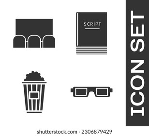 Set 3D cinema glasses , Cinema auditorium with screen and seats , Popcorn in cardboard box  and Scenario  icon. Vector